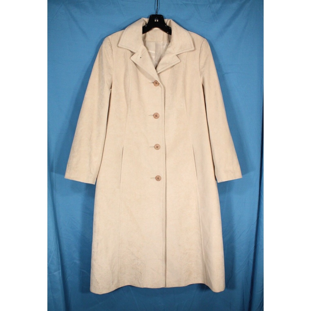 VTG SKIN GEAR Beige NON-LEATHER SUEDE Satin Lined BUTTON-UP OVERCOAT COAT sz S